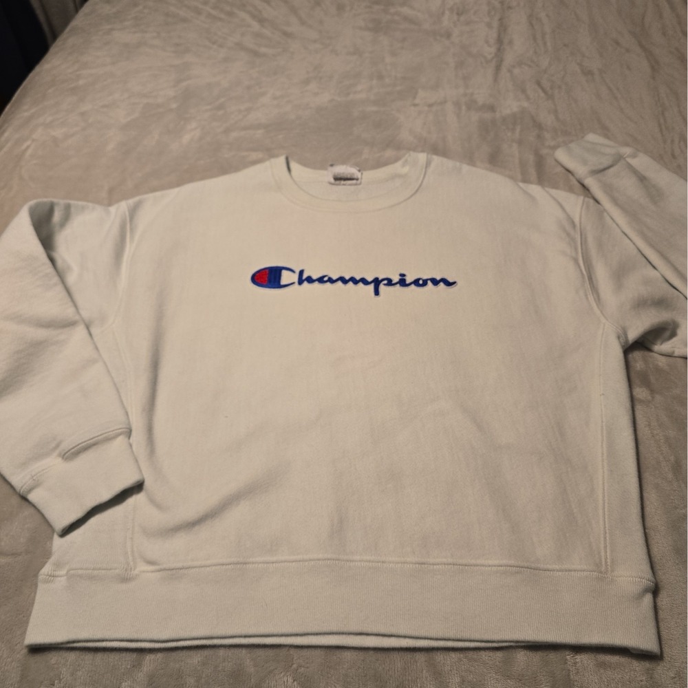 Champion Sweater Adult XL White Crewneck Reverse Weave Sweatshirt Front Spellout